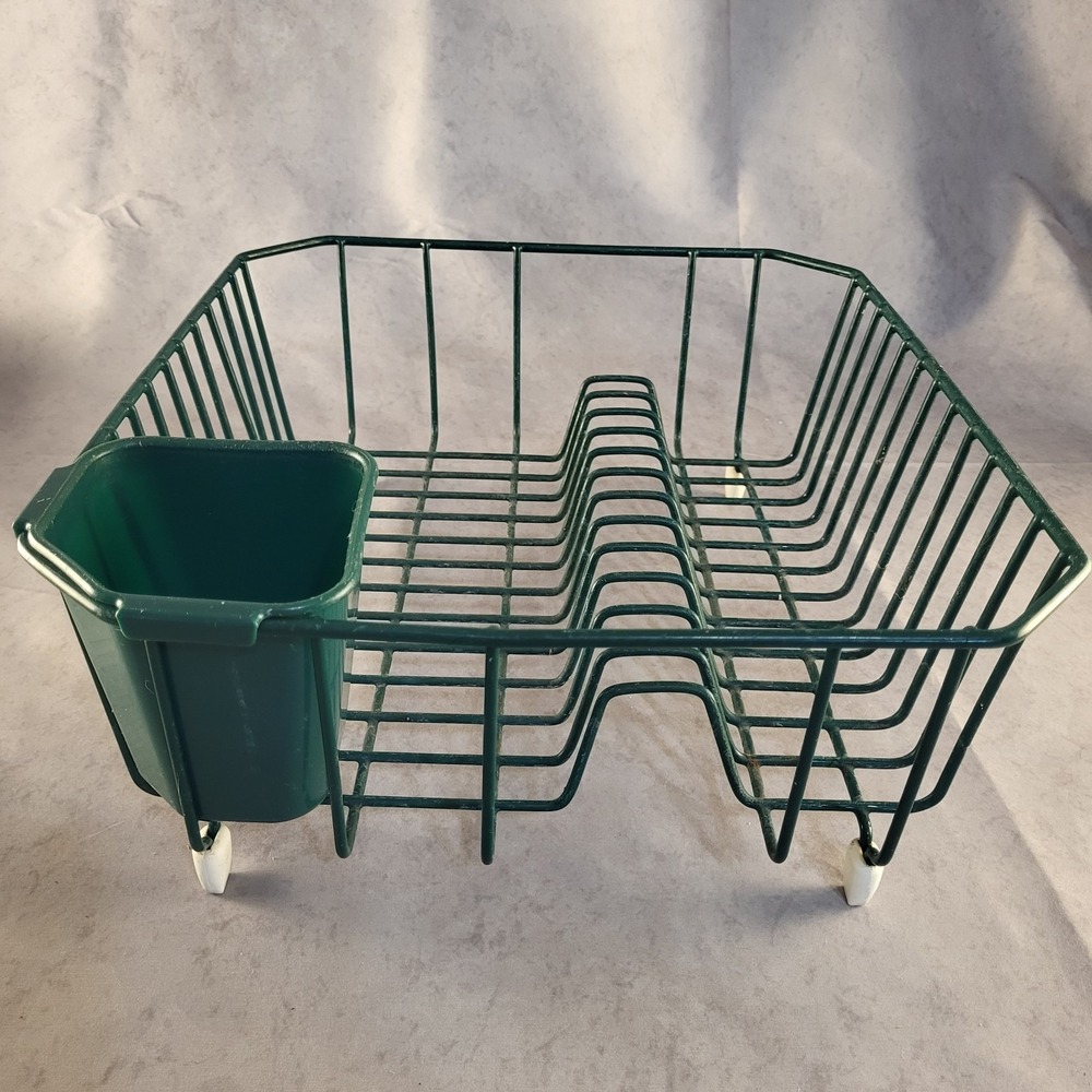 Vtg RUBBERMAID Hunter Green Wire Dish Drainer Rack 14"x13"x6" & Utensil Holder